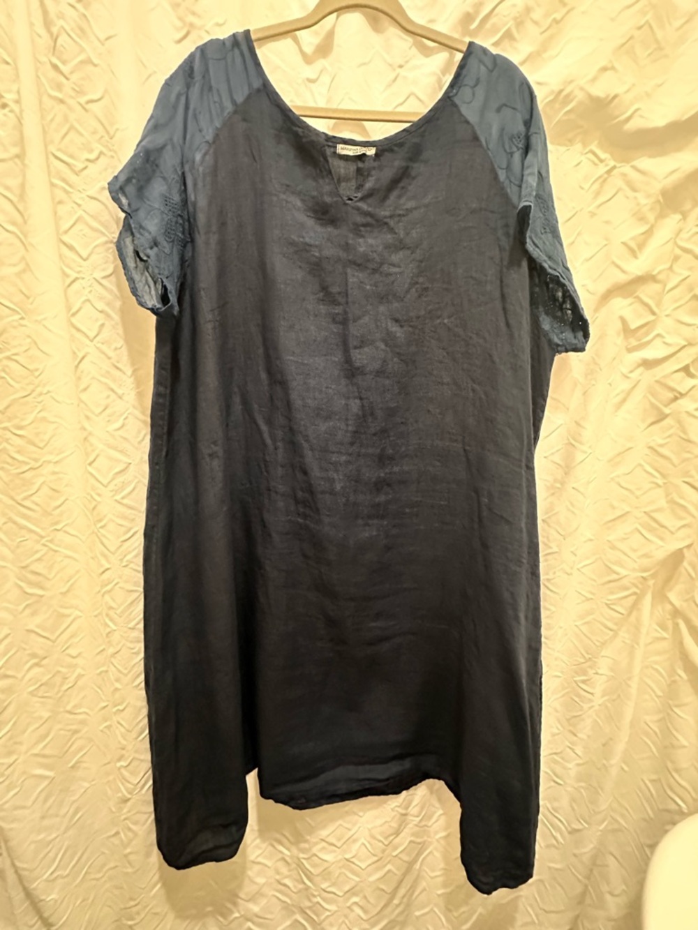 Women's Navy Blue Short-Sleeve Linen Blend Shift Dress